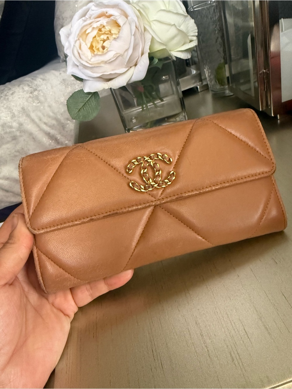 CHANEL Tan Quilted Leather CC Wallet Clutch